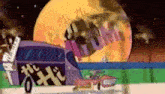 a cartoon of a bus with a piano on the side and a car in front of it .
