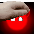 a pixelated image of a hand holding a red object with a face on it .