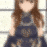 a blurry picture of a girl with long brown hair wearing a blue dress