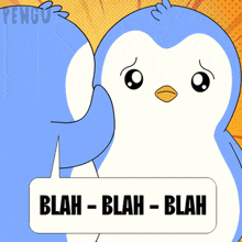 a cartoon penguin with a speech bubble that says blah