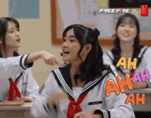 a girl in a sailor uniform says ah ah ah in a classroom