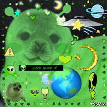 a picture of a green seal surrounded by aliens and the words glorp glorp ip