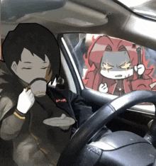 a cartoon character is sitting in a car drinking coffee