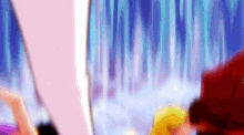 a group of people are standing in front of a waterfall in a cartoon .