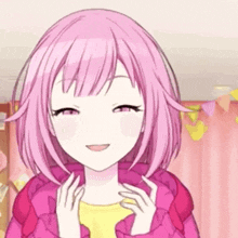 a girl with pink hair is wearing a pink jacket and a yellow shirt .