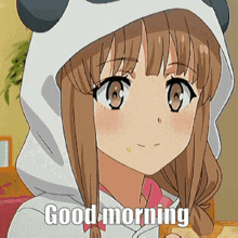 a girl wearing a panda hooded sweatshirt says good morning