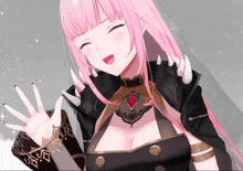 a girl with pink hair is wearing a black top