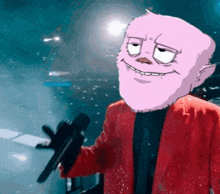 a cartoon character in a red jacket is holding a gun and smiling