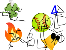 a drawing of a baseball a flaming object and a cup with the letter a on it