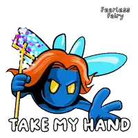 a cartoon of a blue fairy holding a wand and the words take my hand