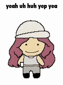 a pixel art of a girl holding a cell phone with the words yeah uh huh yep yea .