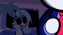 a cartoon drawing of a unicorn with sunglasses and a purple background