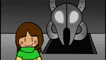 a cartoon of a girl standing next to a large skull with horns