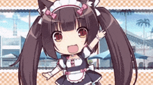 a little girl with pigtails is wearing a maid costume and waving .