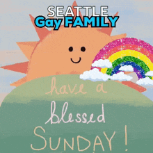 a seattle gay family greeting card with a smiling sun and rainbow