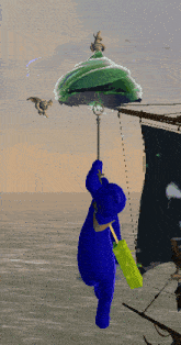 a blue teddy bear is holding a green umbrella on a boat in the ocean