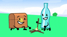 a cartoon drawing of a trunk and a bottle sitting next to each other