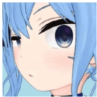 a close up of a blue haired anime girl 's face with a big blue eye .