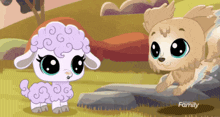 a cartoon of a sheep and a dog with the word family on the bottom right