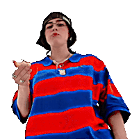 a person wearing a red and blue striped shirt is pointing