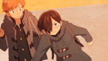 two anime characters are standing next to each other and one of them has a surprised look on his face