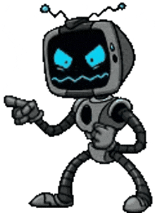 a cartoon robot with a television head and blue eyes is pointing .
