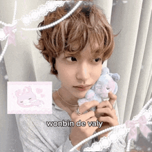 a person holding a stuffed animal with the name wonbin de valy on the bottom right