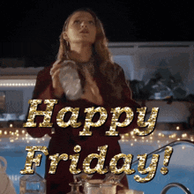 a woman in a red dress is standing in front of a pool with the words happy friday written in gold glitter
