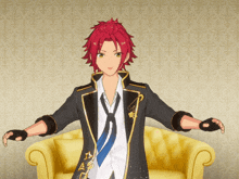 a cartoon character with red hair is standing in front of a yellow chair