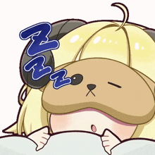 a cartoon drawing of a girl wearing a sleeping mask with the word zzz above her head