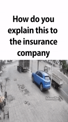 a blue car is parked on the side of the road next to a truck ..