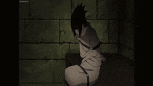 a man in a straight jacket is tied up and sitting on a bench