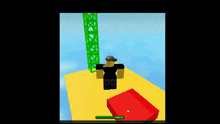 a screenshot of a video game shows a person jumping from a green tower
