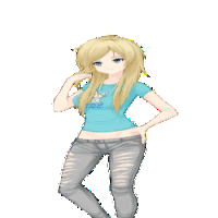 a blonde anime girl wearing a blue shirt with a bunny on it and ripped jeans