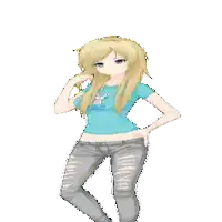 a blonde anime girl wearing a blue shirt with a bunny on it and ripped jeans