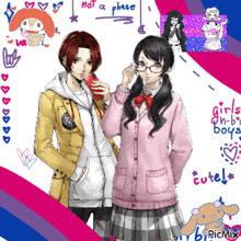 a girl in a pink sweater stands next to a boy in a yellow coat