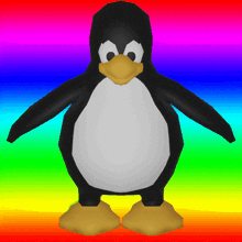 a cartoon penguin is standing in front of a rainbow colored background