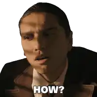 a man in a suit says how in white letters