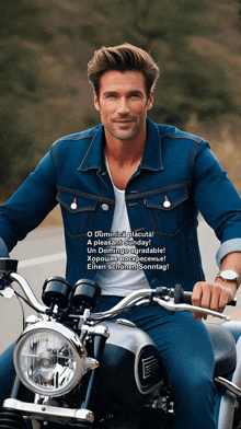 a man in a denim jacket is sitting on a motorcycle with a message in another language