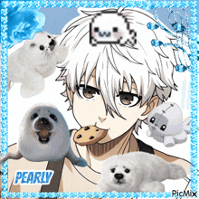 a picture of a boy surrounded by seals with the word pearly on the bottom