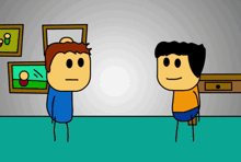 two cartoon characters are standing next to each other in front of pictures on the wall