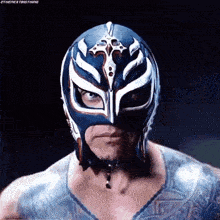 a close up of a wrestler wearing a mask