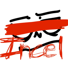a drawing of a face with a red band around its eyes and the word ancel below it