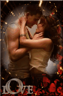 a painting of a man and a woman kissing with the word love in the background