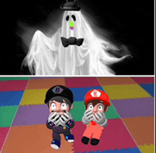 a cartoon of a ghost and a boy with the letter b on his hat