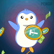 a penguin is holding a coin with a h on it