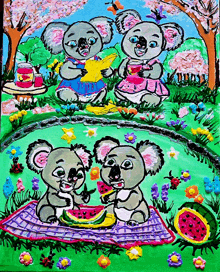 a painting of two koalas eating watermelon in a garden