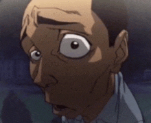 a close up of a cartoon man 's face with a surprised look on his face