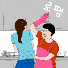 a man wearing a pink apron holds a woman 's butt