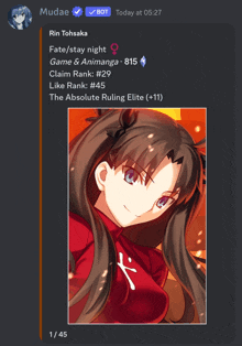 a screenshot of a chat with mudae and rin tohsaka